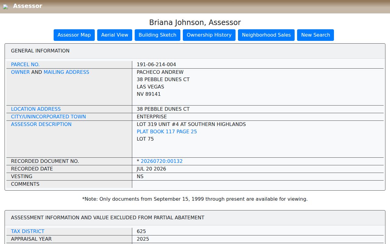 Enterprise residents directory Assessor parcel card