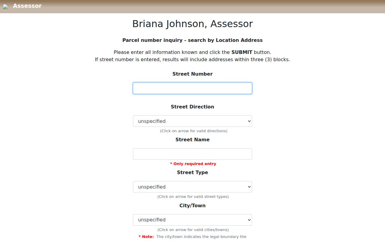 Enterprise street directory Assessor address search fields